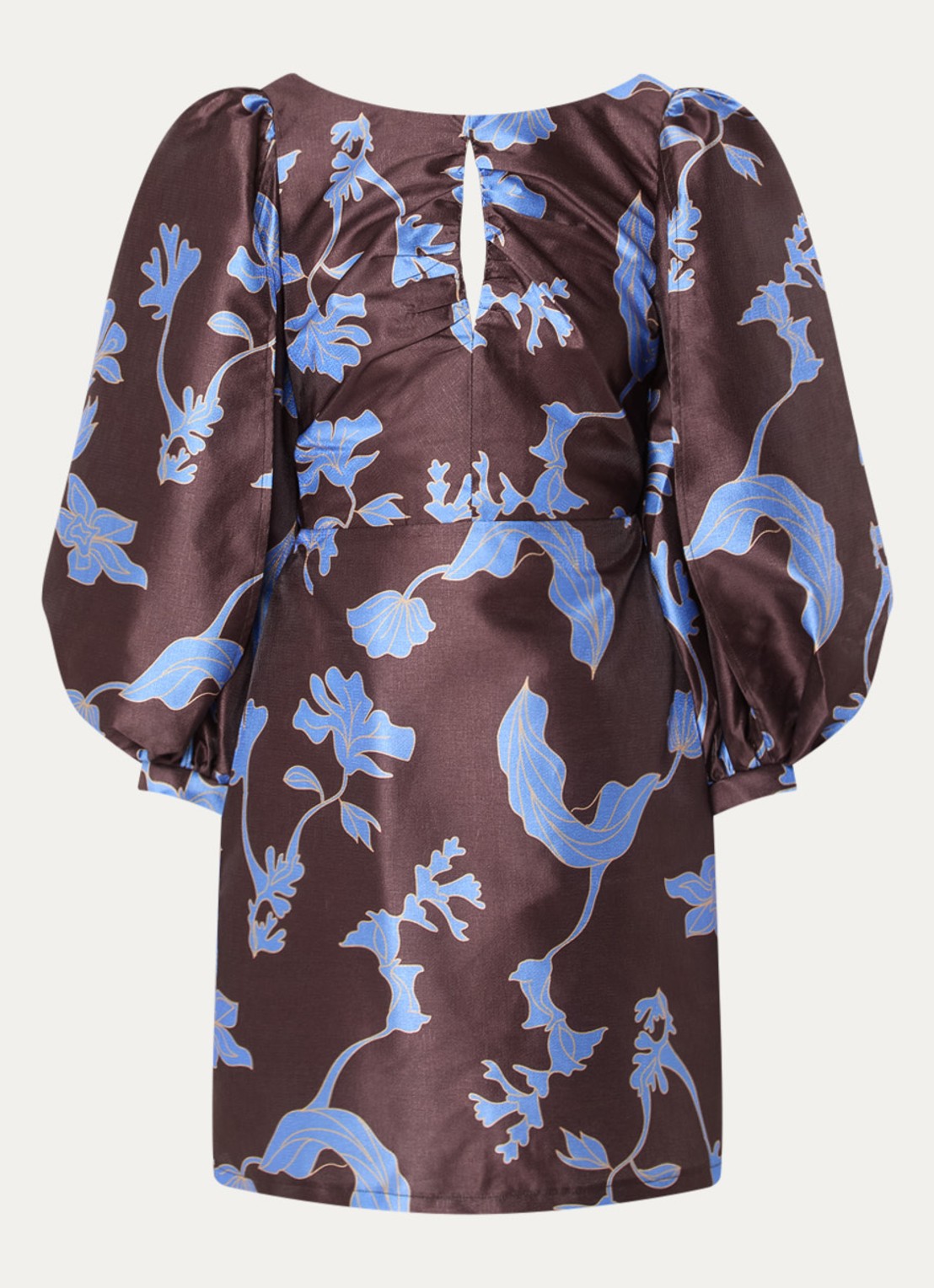 Laagam Liza mini jurk met pofmouw en glanzende finish - voorkant bruin