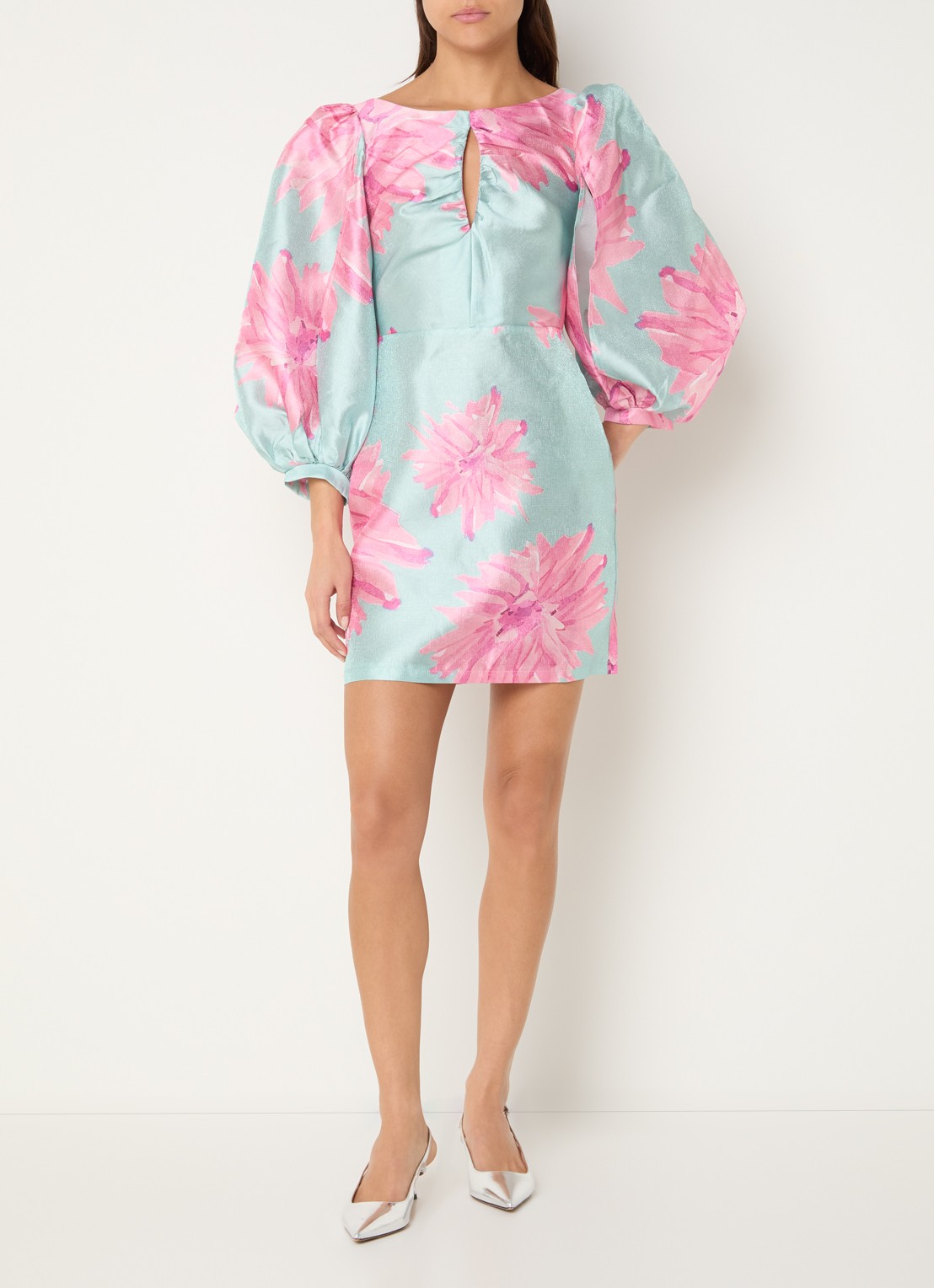 Laagam Liza mini jurk met print en pofmouw - voorkant 3 roze