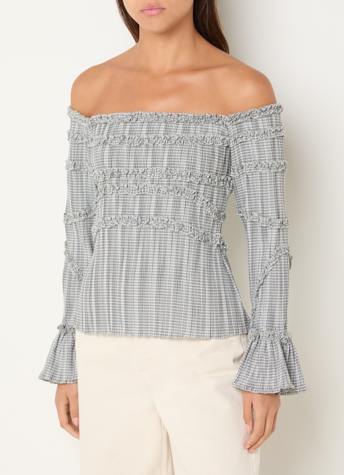Laagam Petra off shoulder top met ruitdessin en volant - detail 3 grijs