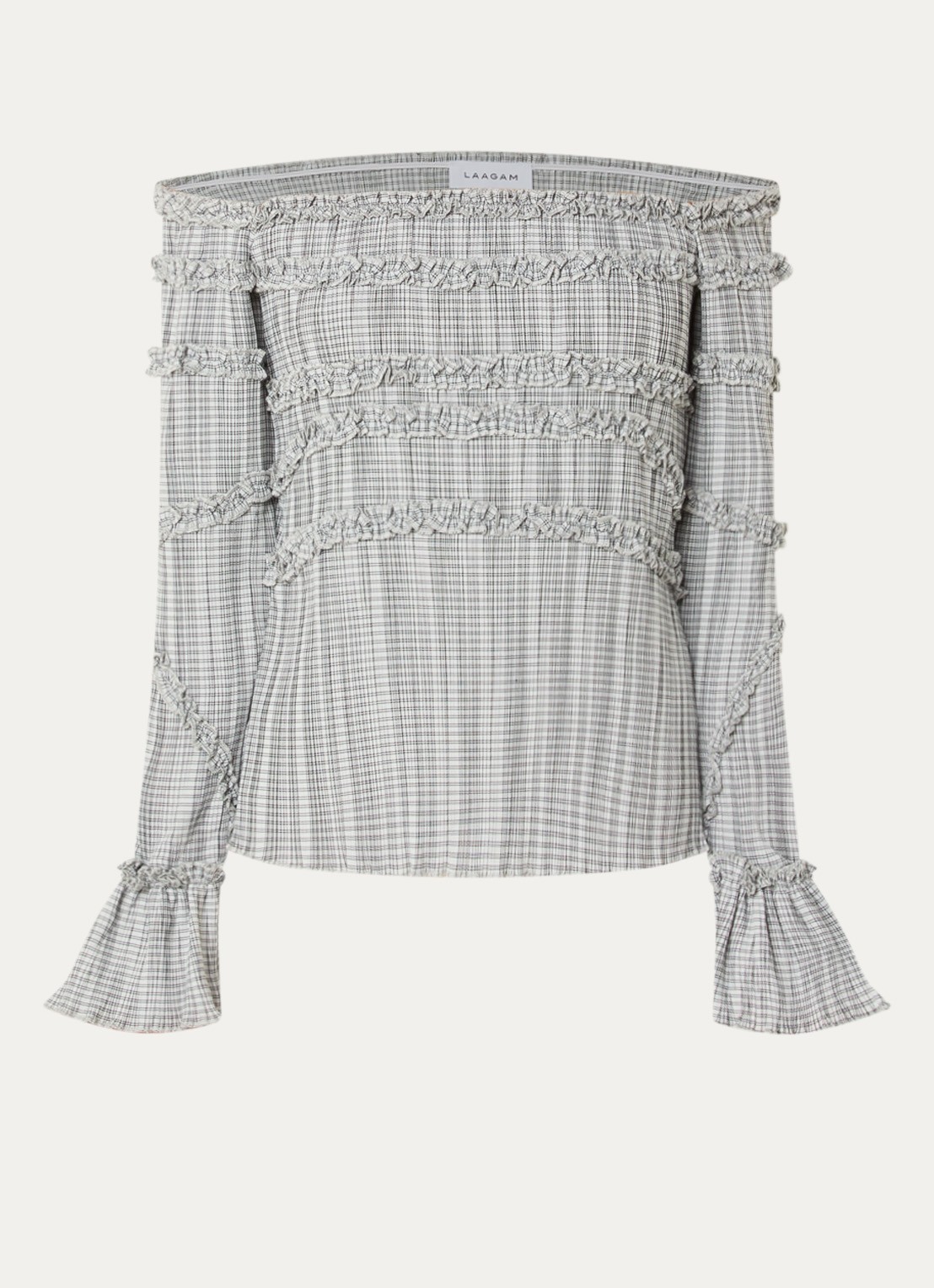 Laagam Petra off shoulder top met ruitdessin en volant - voorkant grijs