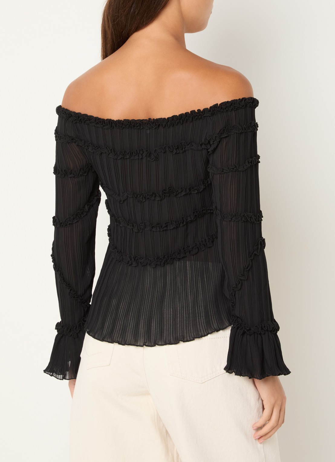 Laagam Petra semi-transparante off shoulder top met plissé en volant - achterkant 4 zwart