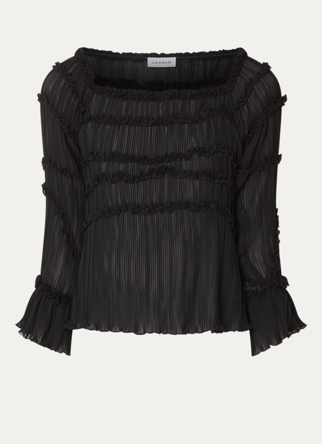 Laagam Petra semi-transparante off shoulder top met plissé en volant - voorkant zwart