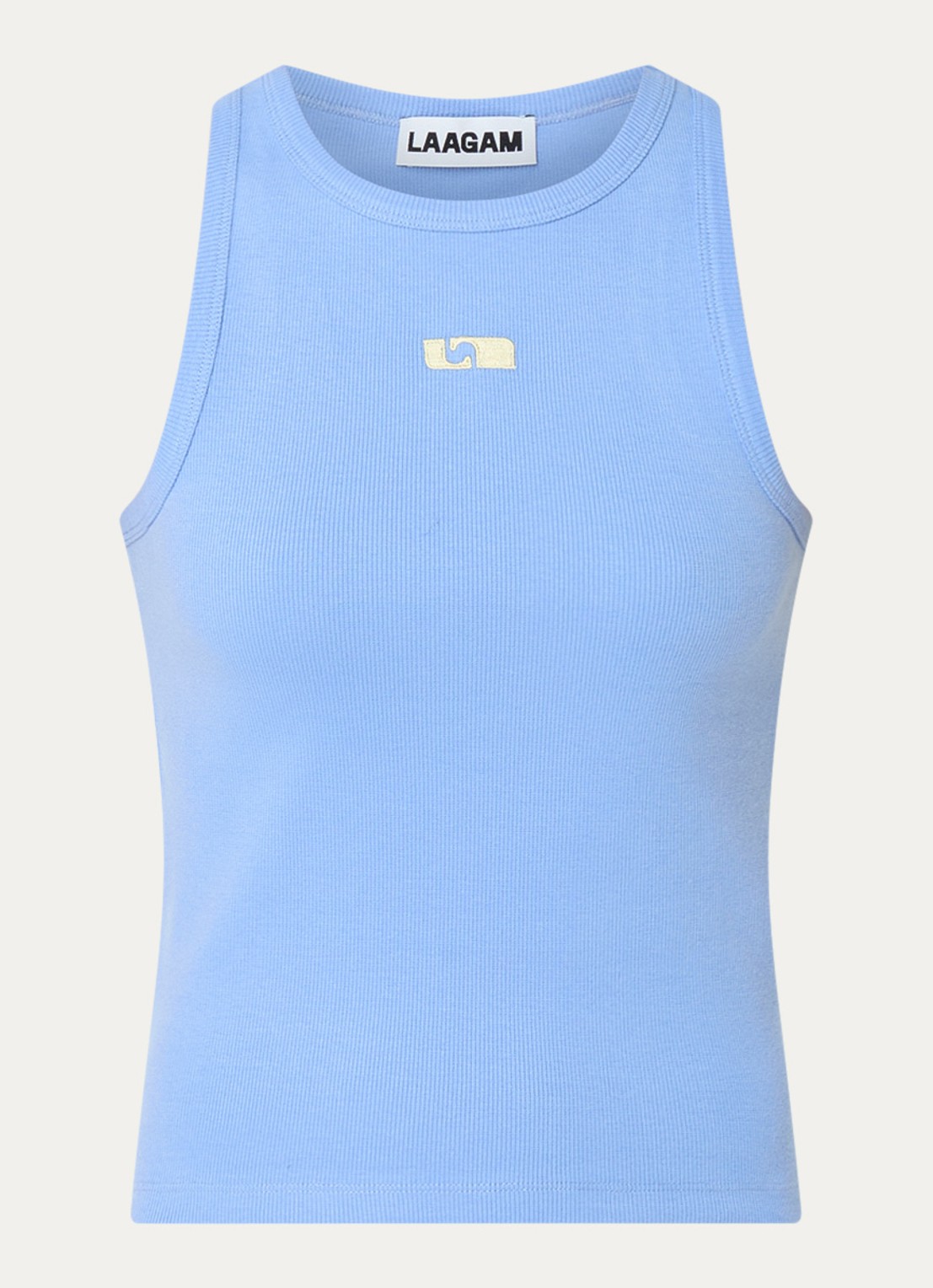 Laagam Ribgebreide tanktop met logoborduring - voorkant 2 lichtblauw