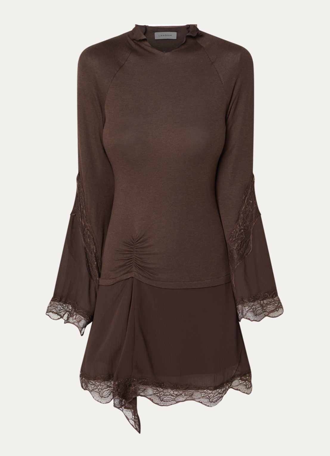Laagam Siss mini jurk in wolblend met details van kant - voorkant 2 donkerbruin