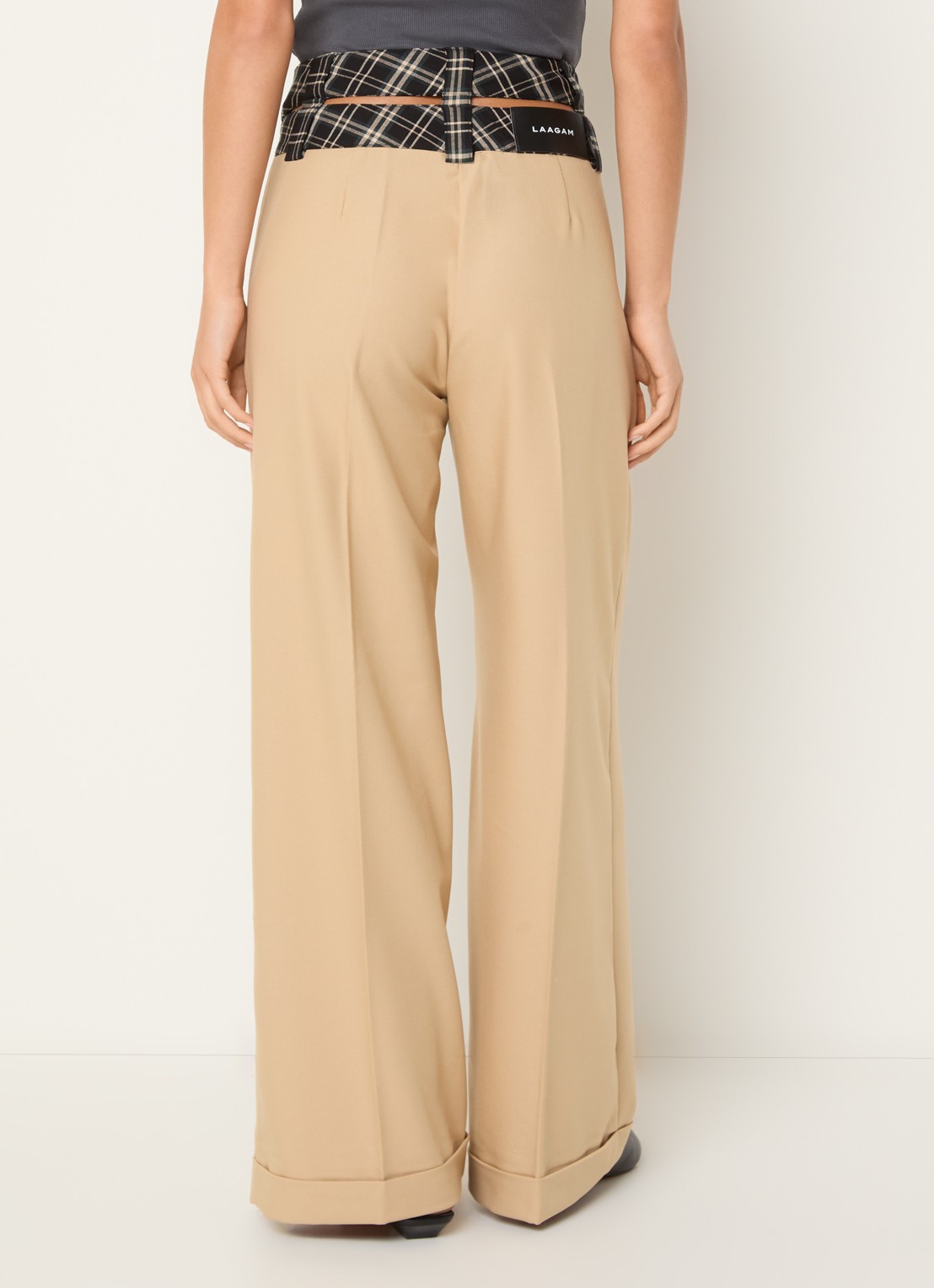 Laagam Smith high waist wide fit pantalon met ruitdessin - achterkant 4 zand
