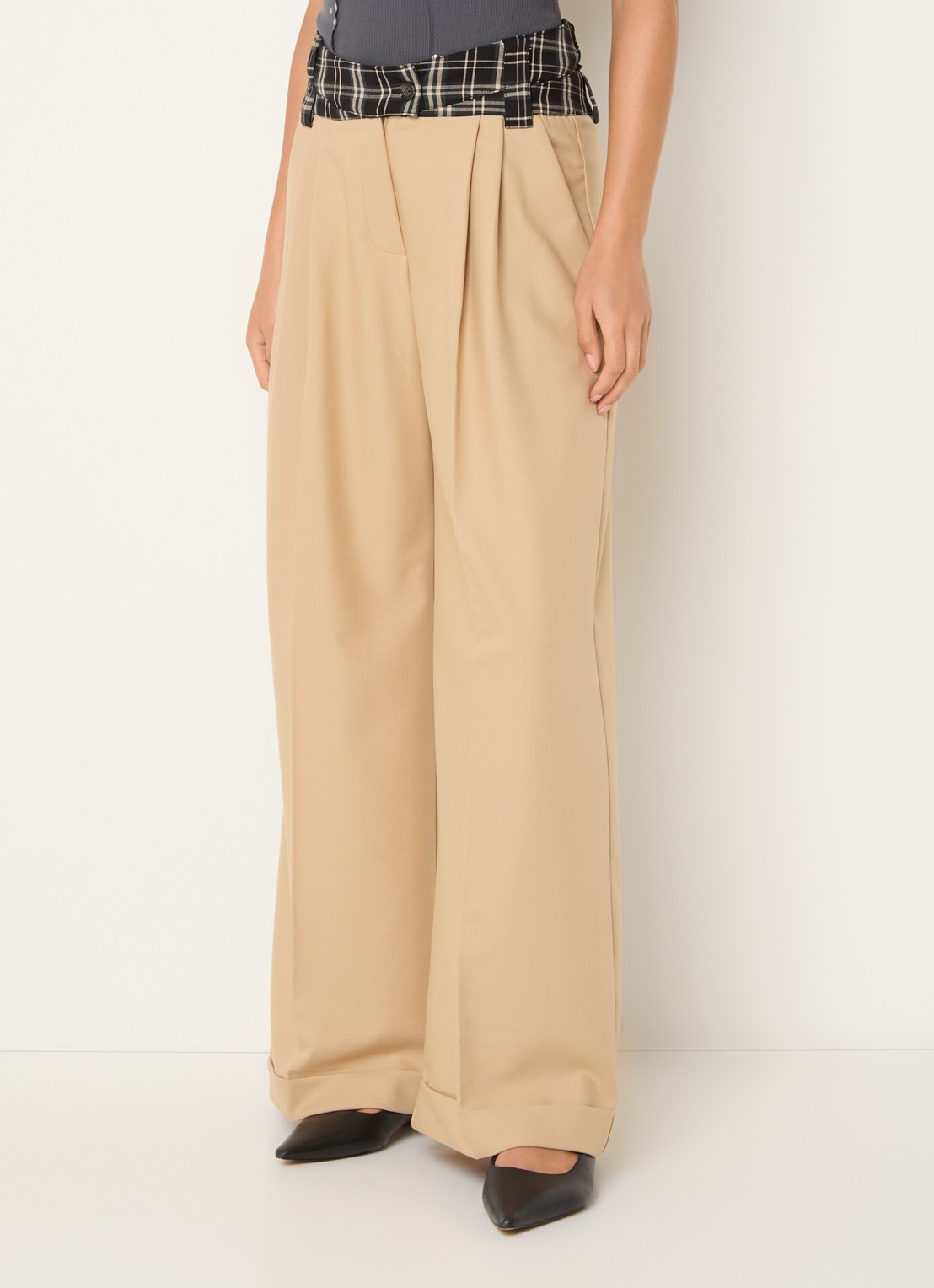 Laagam Smith high waist wide fit pantalon met ruitdessin - detail 3 zand