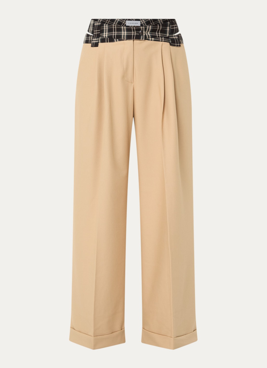 Laagam Smith high waist wide fit pantalon met ruitdessin - voorkant zand