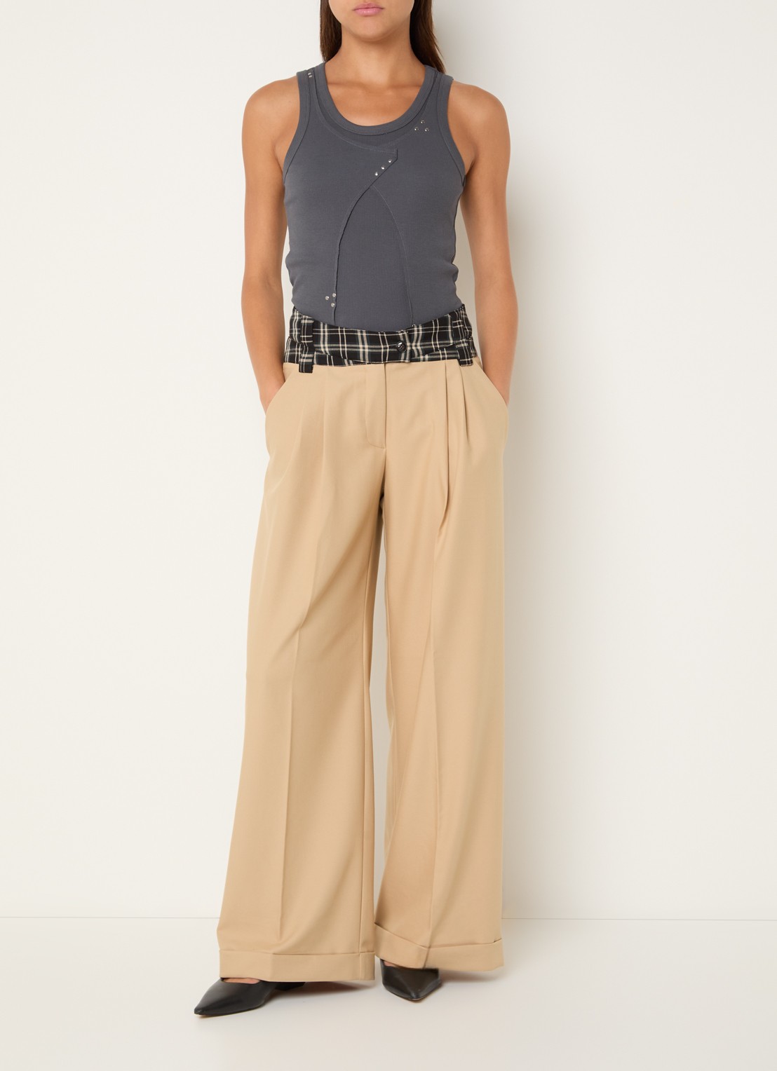 Laagam Smith high waist wide fit pantalon met ruitdessin - voorkant 2 zand
