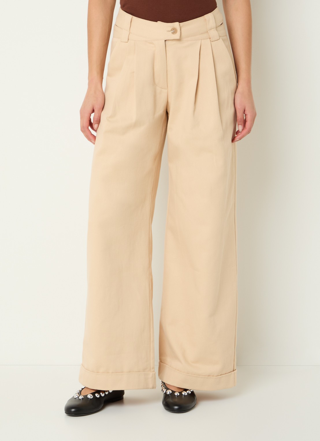 Laagam Smith high waist wide fit pantalon met steekzakken - detail beige