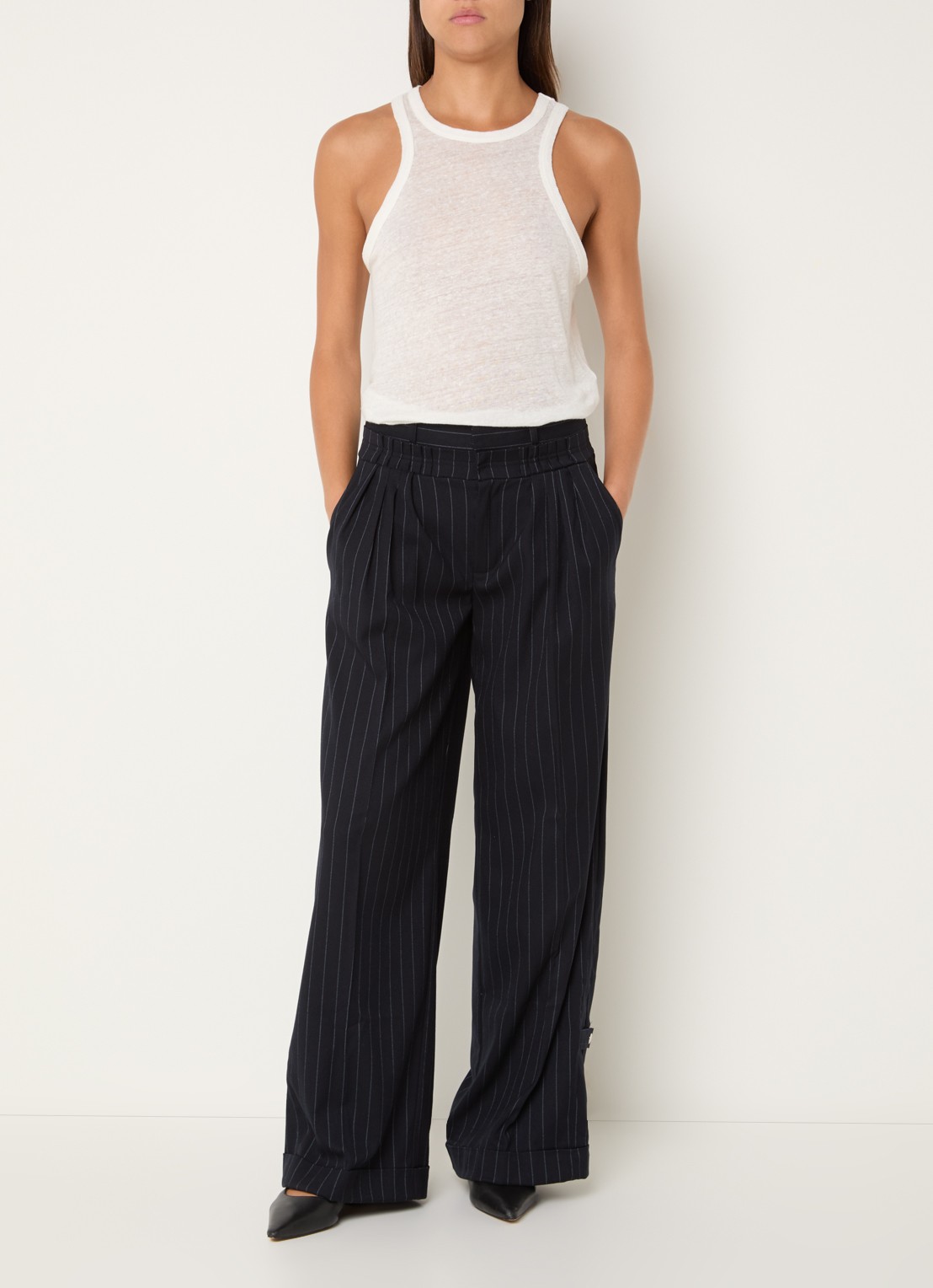 Laagam Stella high waist loose fit pantalon met krijtstreep - voorkant 4 donkerblauw