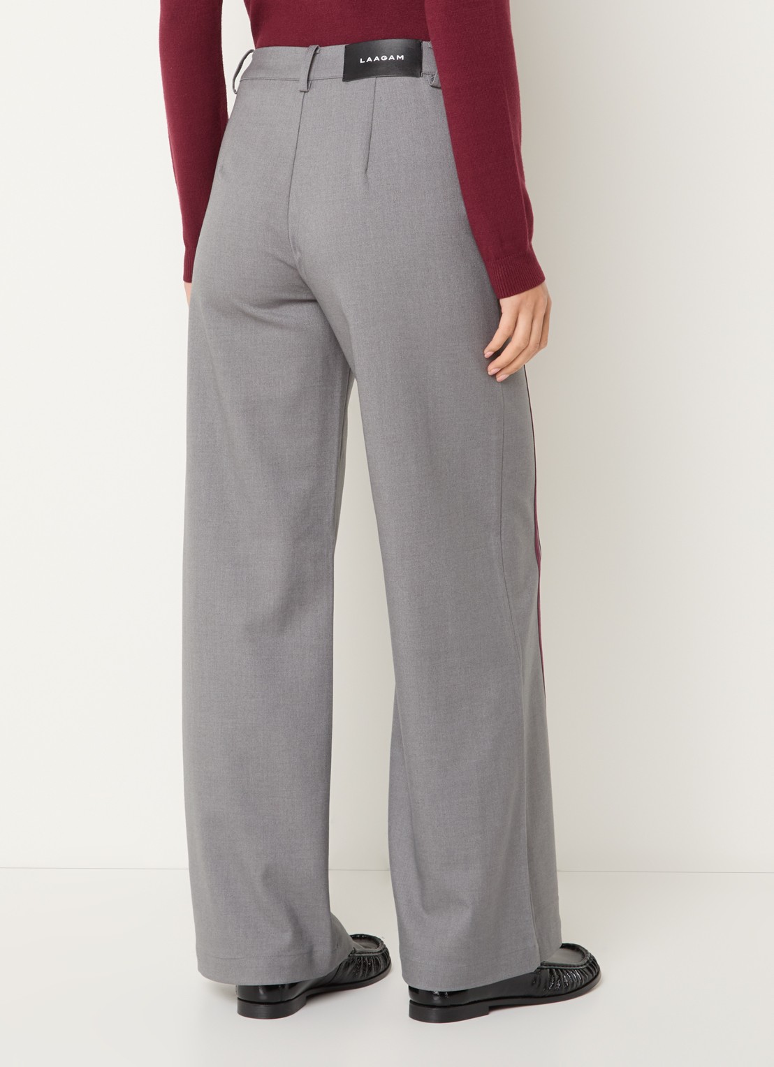 Laagam Zion high waist straight fit pantalon in wolblend met streepprint - achterkant middengrijs