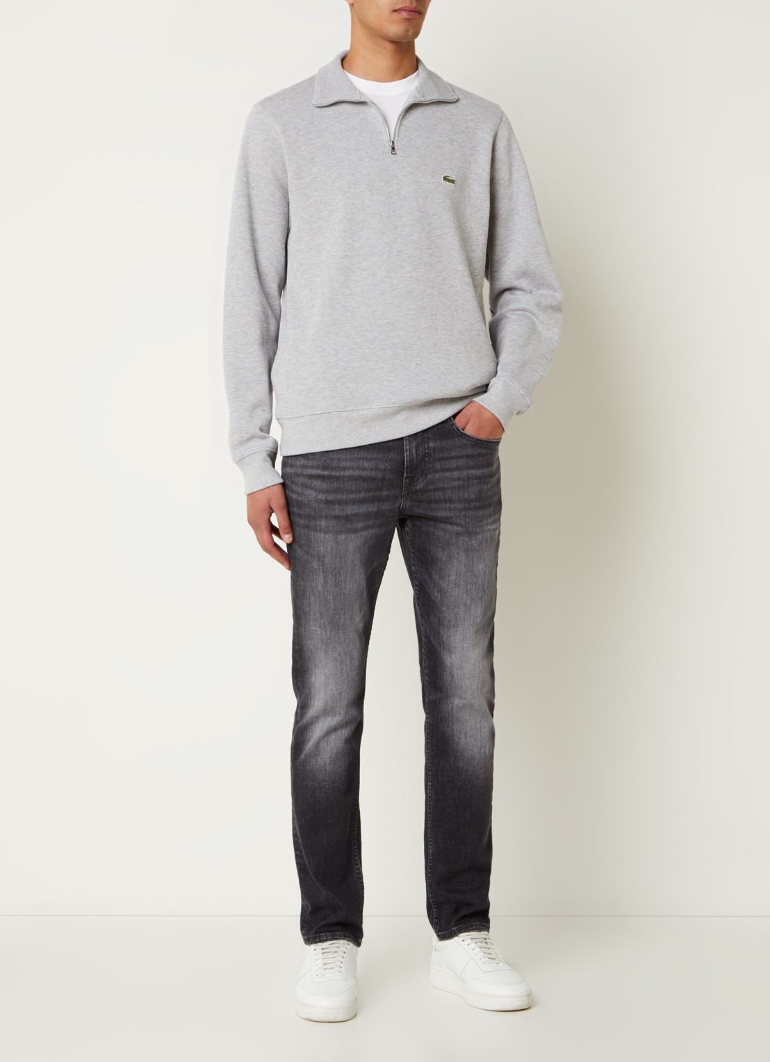 Lacoste Fijngebreide pullover met halve rits - voorkant 4 grijsmele