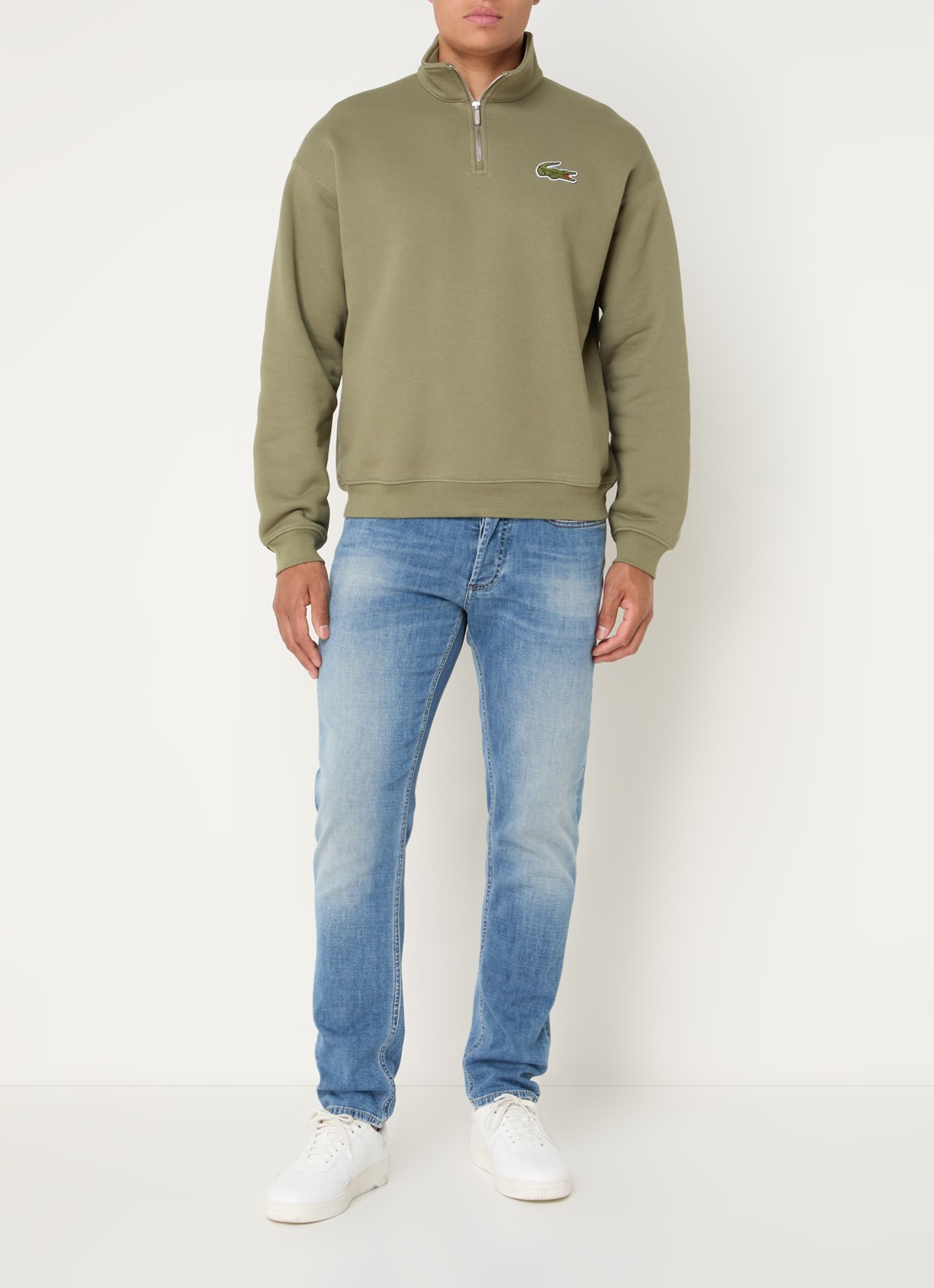Lacoste Fijngebreide pullover met halve rits - voorkant 2 mosgroen