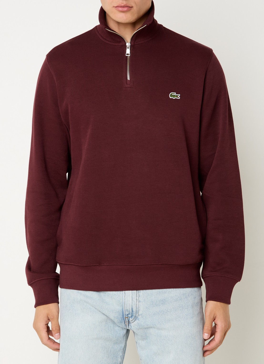 Lacoste Fijngebreide pullover met halve rits - detail donkerbruin