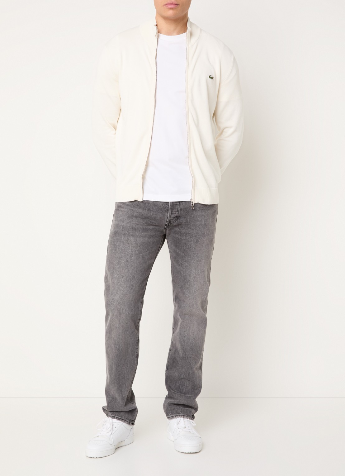 Lacoste Fijngebreide pullover met logo - voorkant 3 gebroken wit
