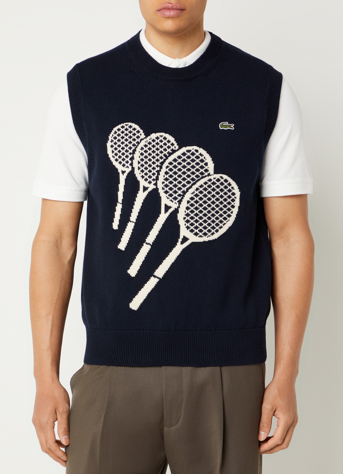Lacoste Fijngebreide pullover met print - detail donkerblauw