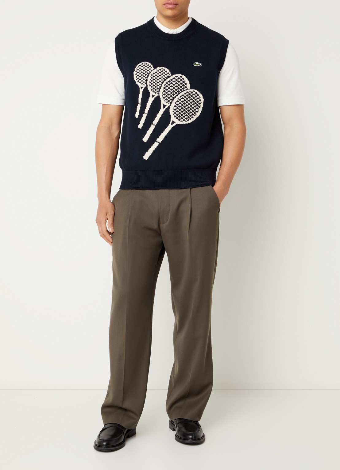 Lacoste Fijngebreide pullover met print - voorkant 10 donkerblauw