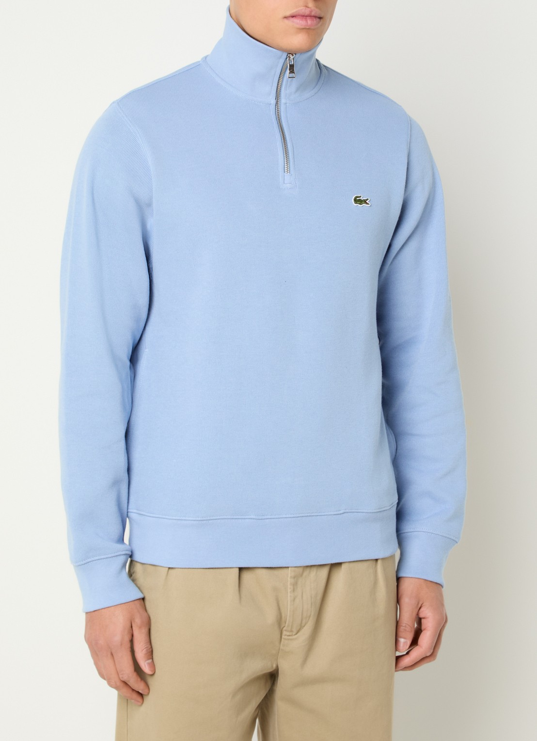 Lacoste Fijngebreide trui met halve rits en logo - detail 2 lichtblauw
