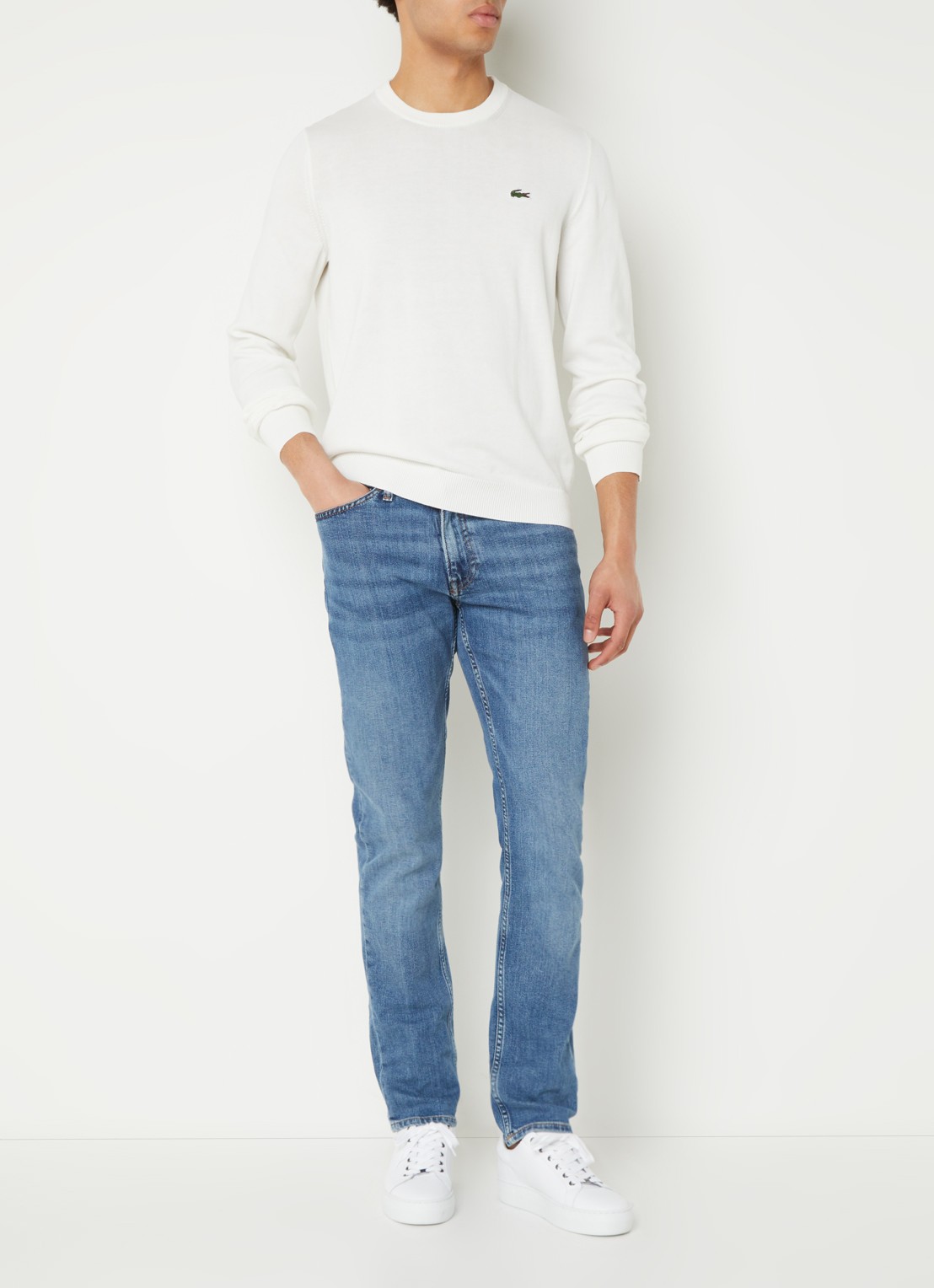Lacoste Fijngebreide trui met logoborduring - voorkant 3 gebroken wit