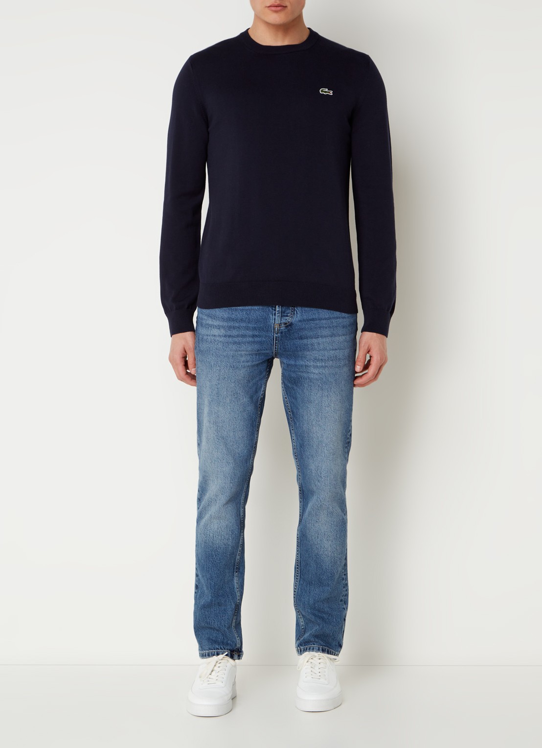 Lacoste Fijngebreide trui met logoborduring - voorkant 3 donkerblauw