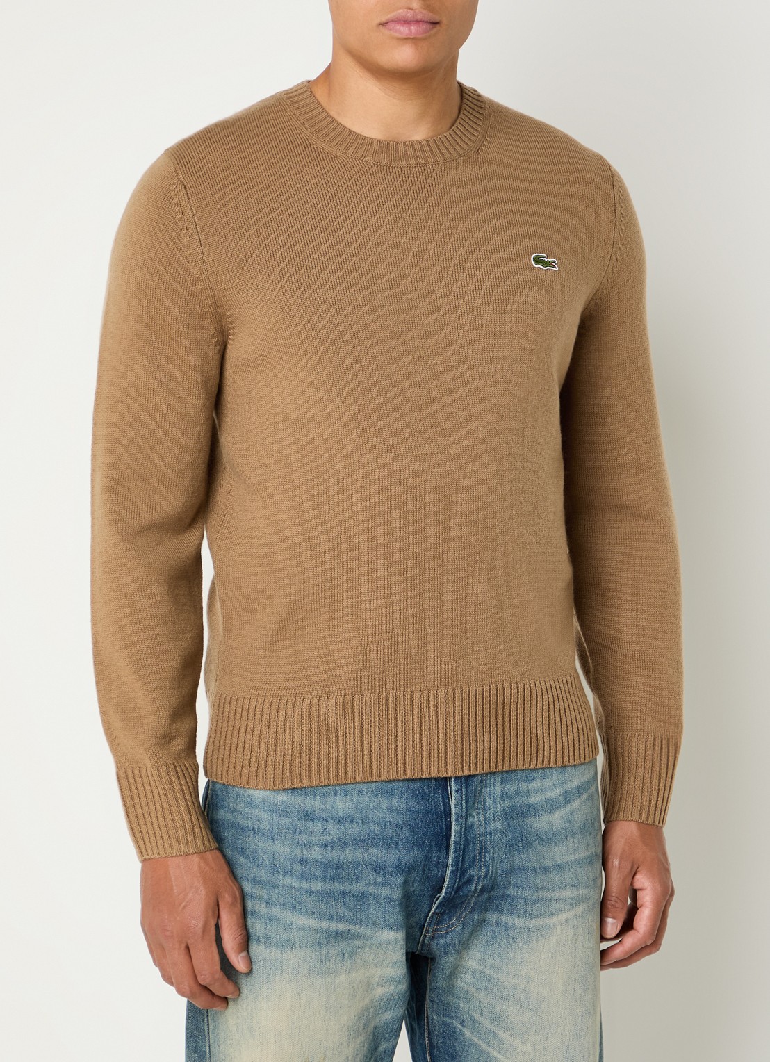 Lacoste Fijngebreide trui van wol met logo - detail zand