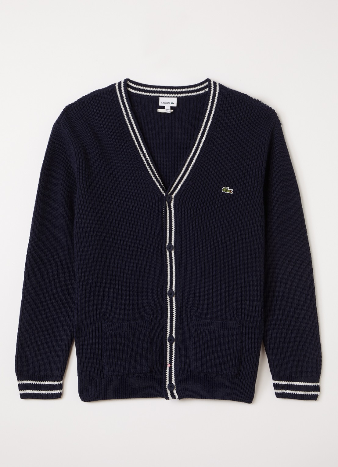 Lacoste Grofgebreid vest in wolblend - voorkant donkerblauw
