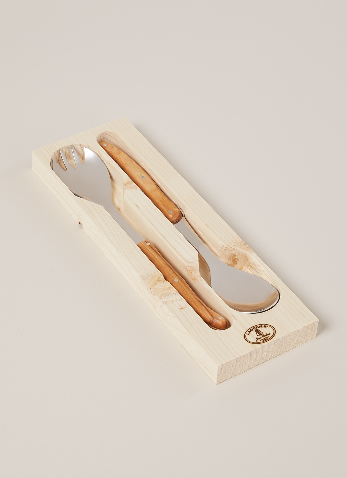 Laguiole Jean Dubost Saladebestek olijfhout 2-delig - voorkant 2 bruin