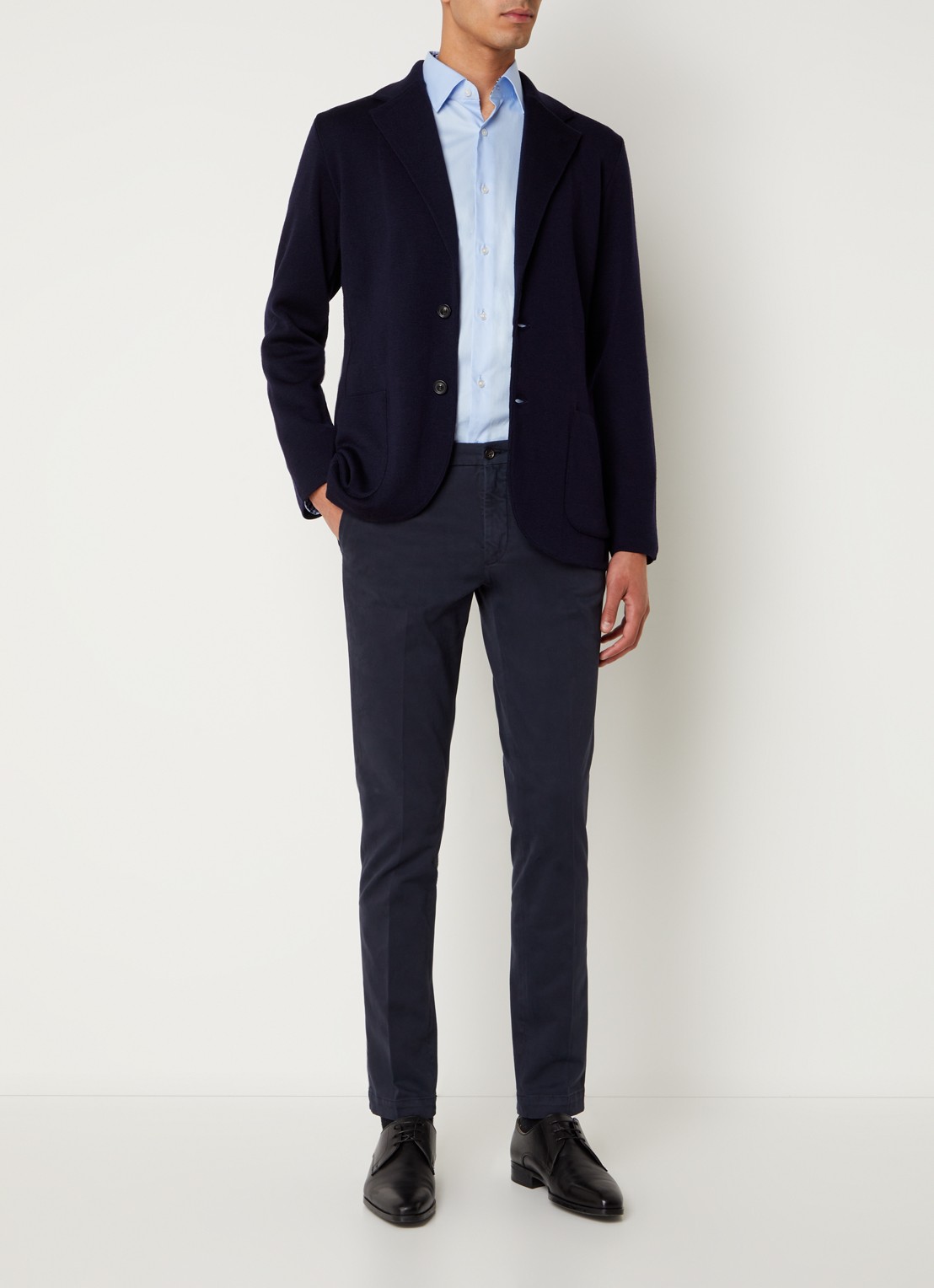 Lardini Fijngebreide slim fit colbert van wol met opgestikte zakken - voorkant 7 donkerblauw