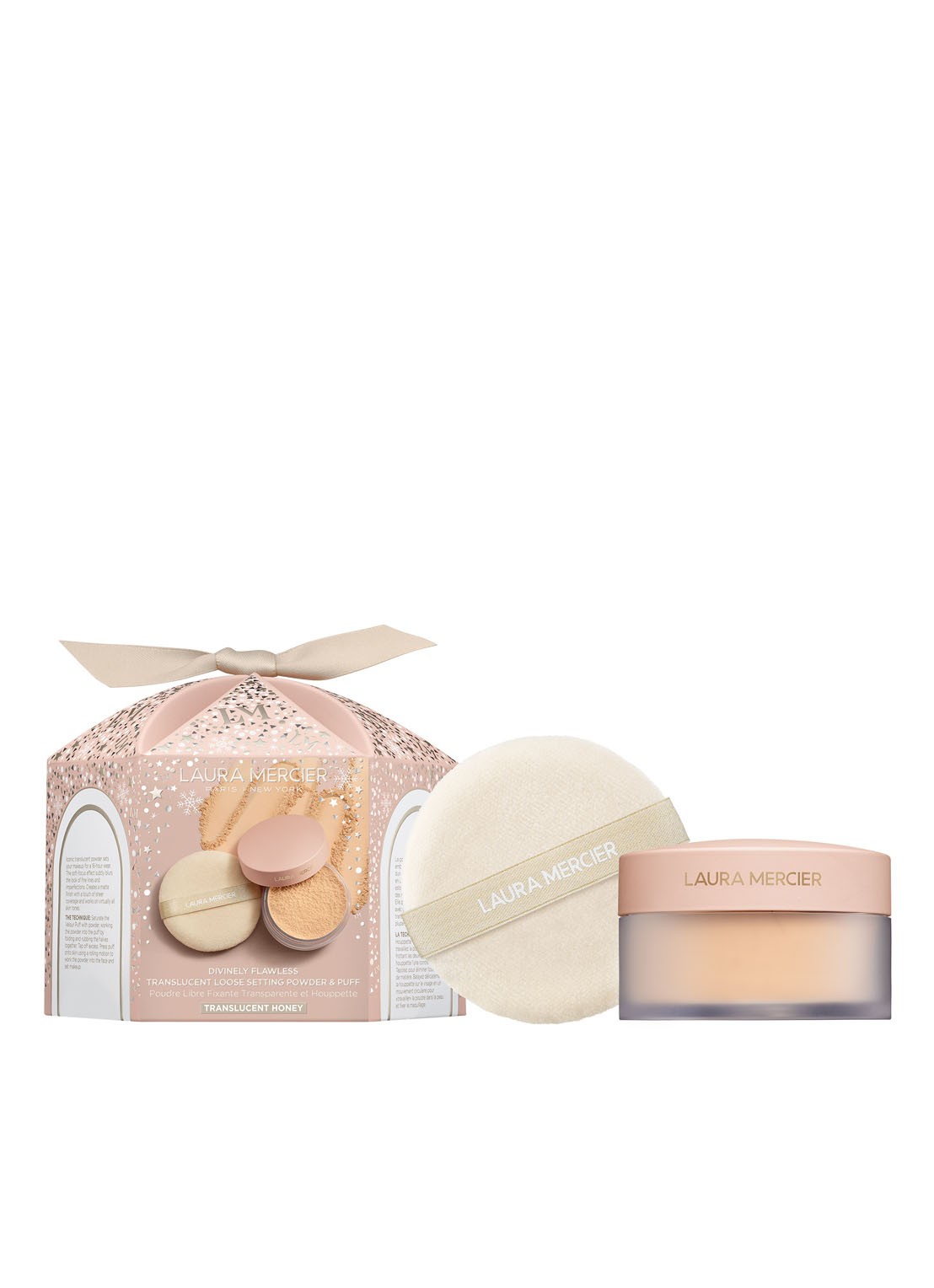 Laura Mercier Divinely Flawless Translucent Loose Setting Powder & Puff - Limited Edition losse poeder - voorkant 2 translucent honey