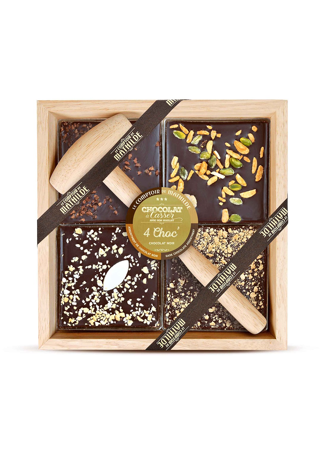 Le Comptoir de Mathilde Pure chocoladereep met hamer in houten kistje 350 gram - voorkant undefined