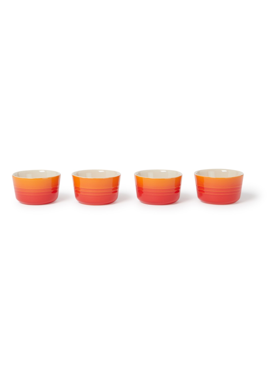 Le Creuset Mini ramekin 7,2 cm set van 4 - voorkant oranjerood / oranje