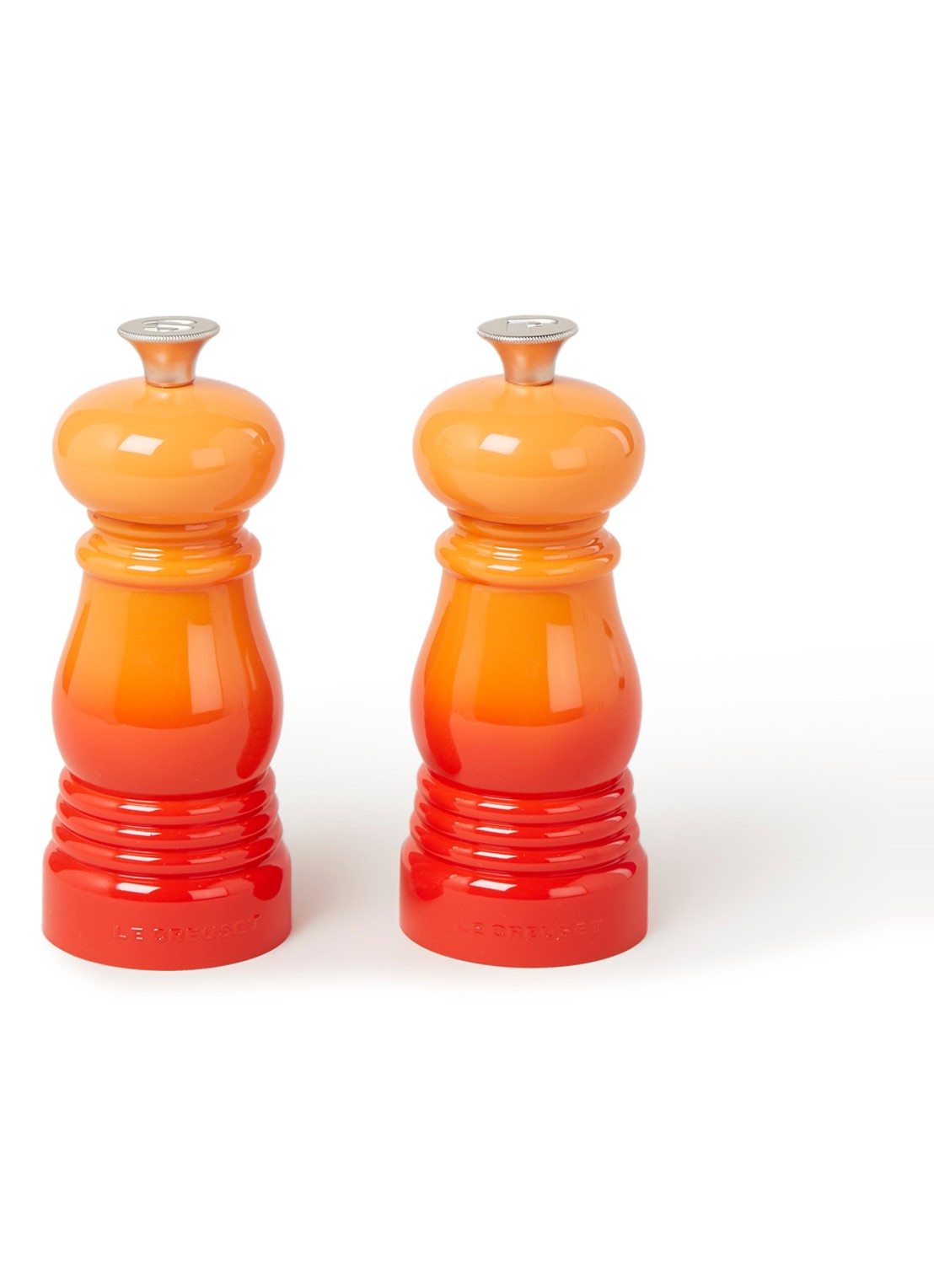 Le Creuset Peper- en zoutmolen 13 cm 2-delig - voorkant oranjerood / oranje