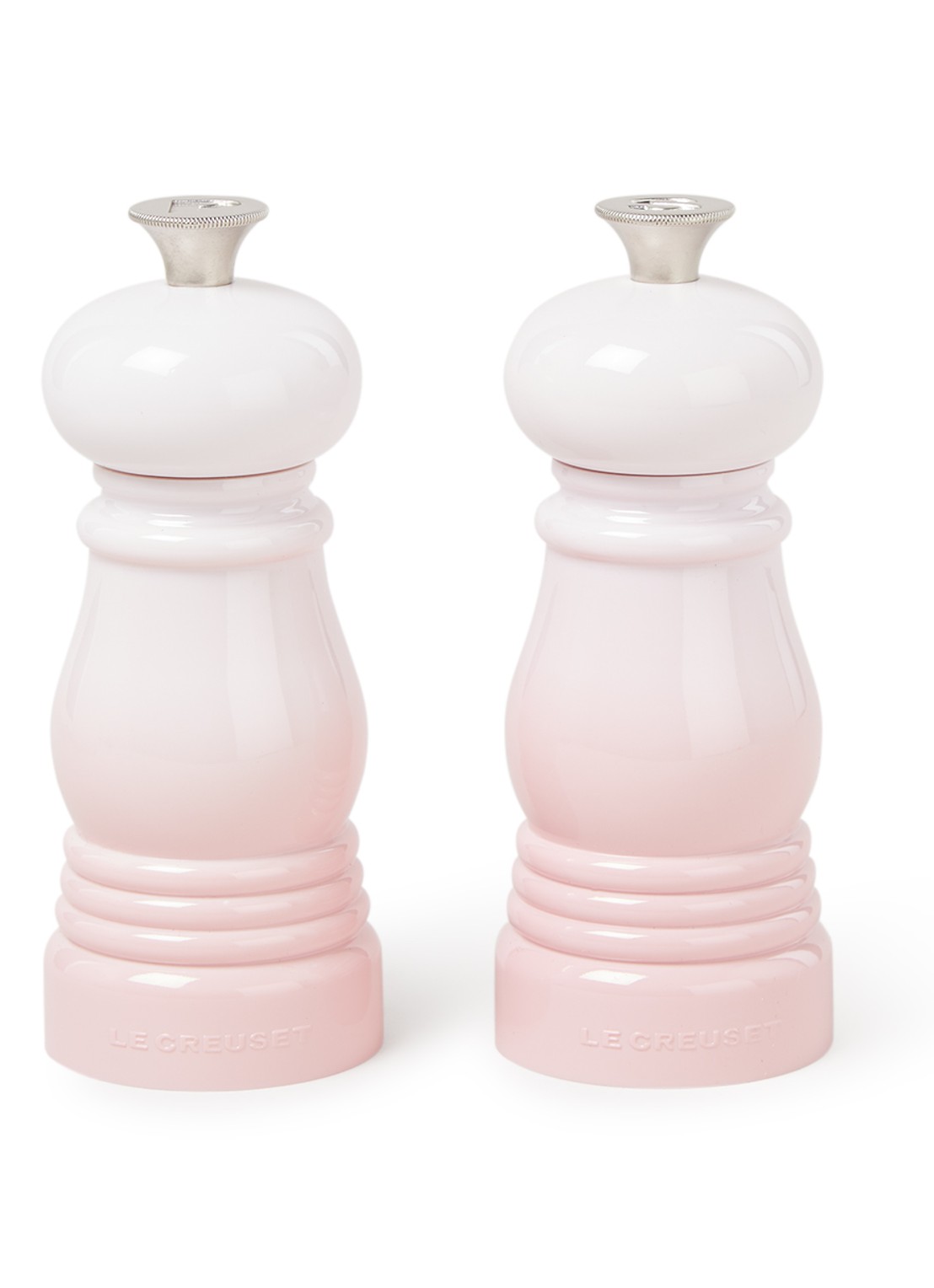Le Creuset Peper- en zoutmolen 13 cm set van 2 - voorkant 2 shell pink / roze