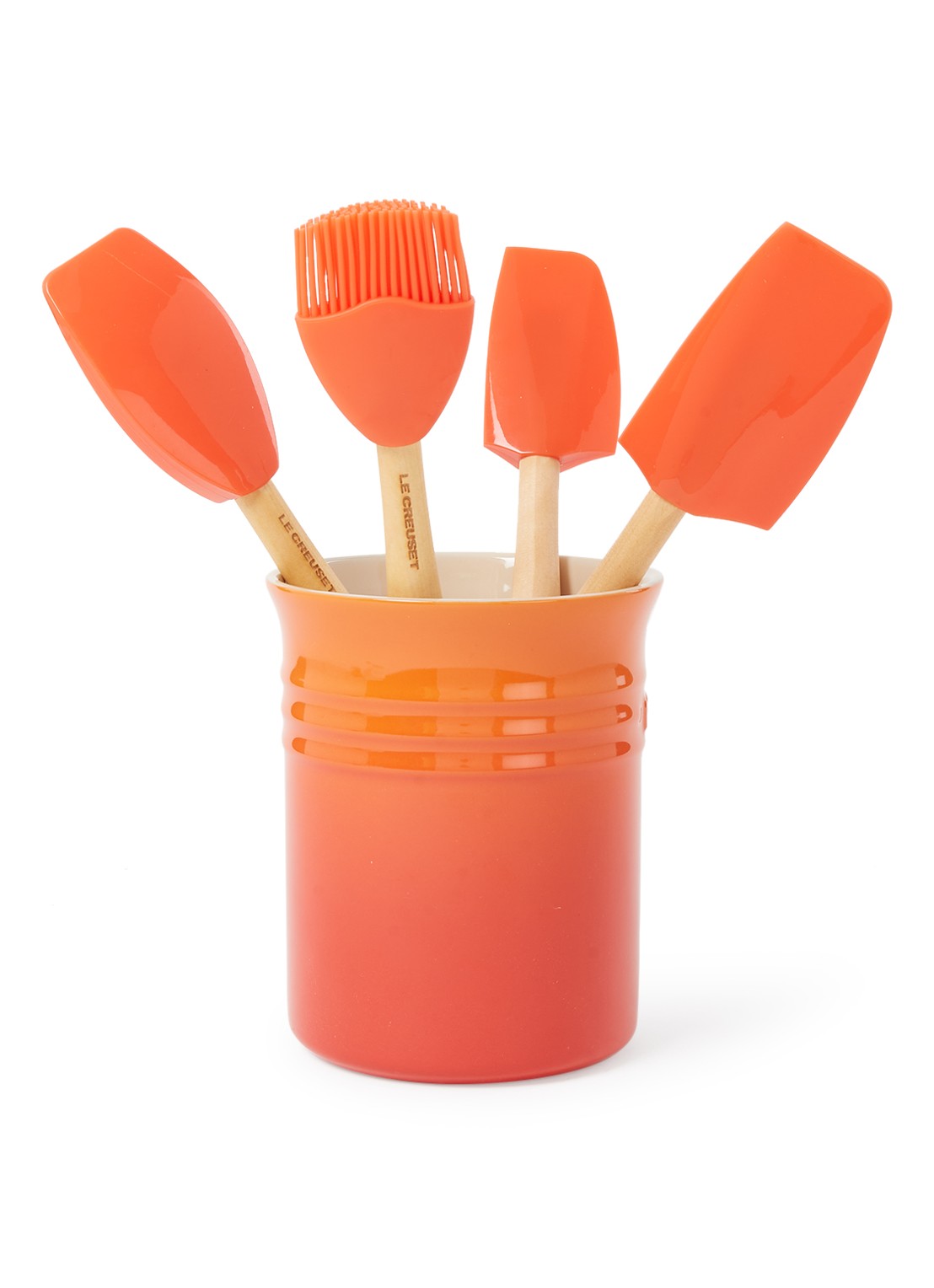 Le Creuset Spatelpot met spatels set van 4 - voorkant oranjerood