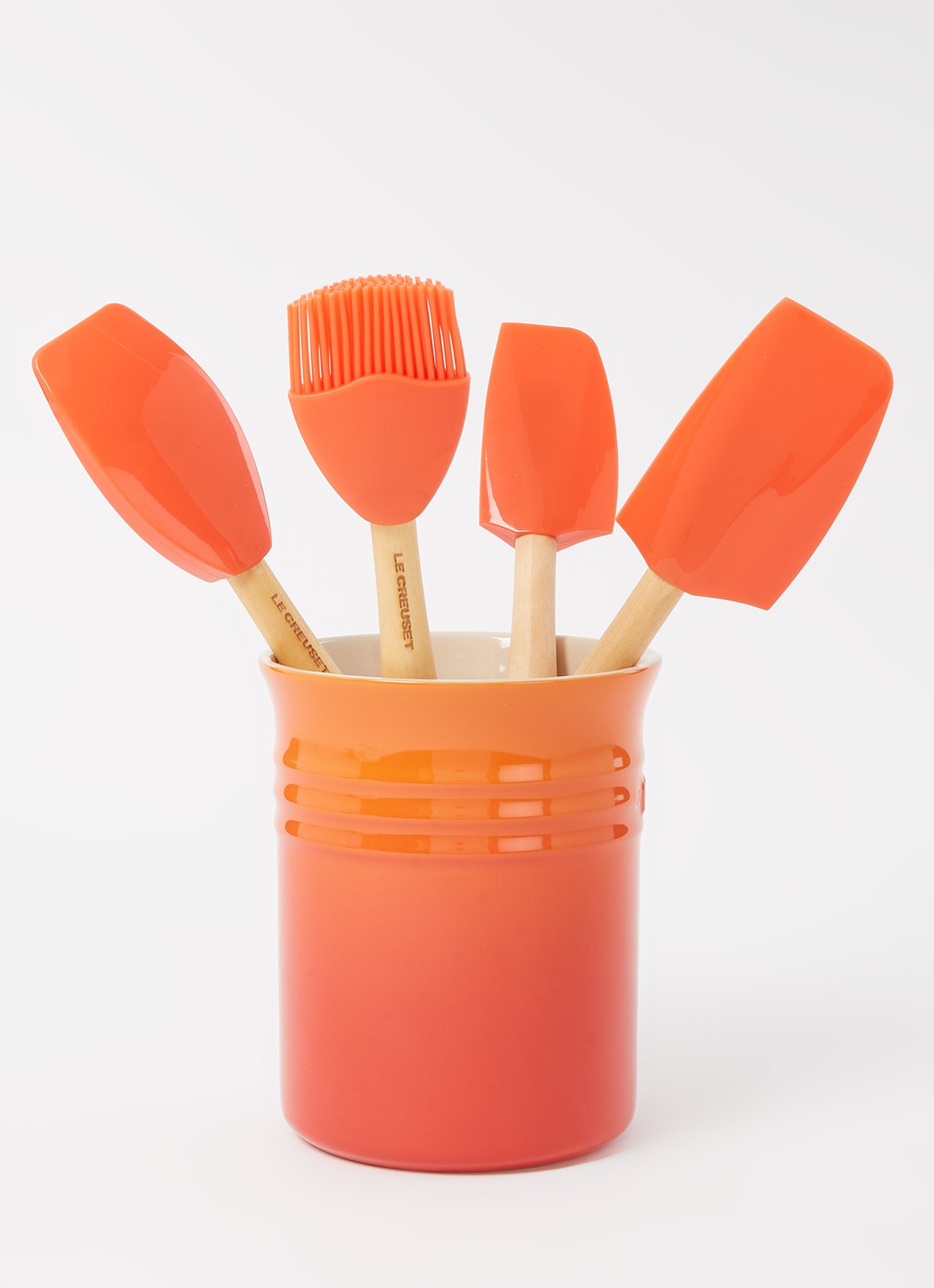 Le Creuset Spatelpot met spatels set van 4 - voorkant 2 oranjerood