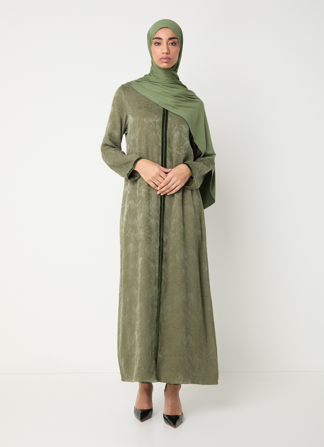 LES Atelier Rana maxi jurk met jacquard dessin - detail bronsgroen