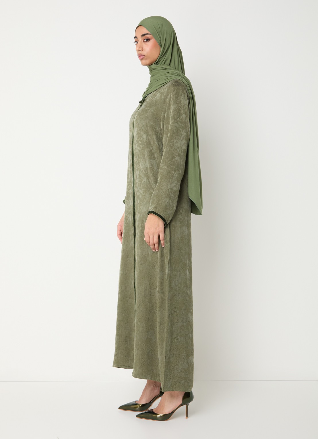 LES Atelier Rana maxi jurk met jacquard dessin - voorkant 4 bronsgroen