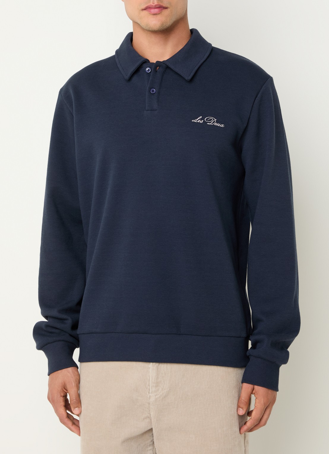 Les Deux Ben sweater met polokraag en logoborduring - detail donkerblauw