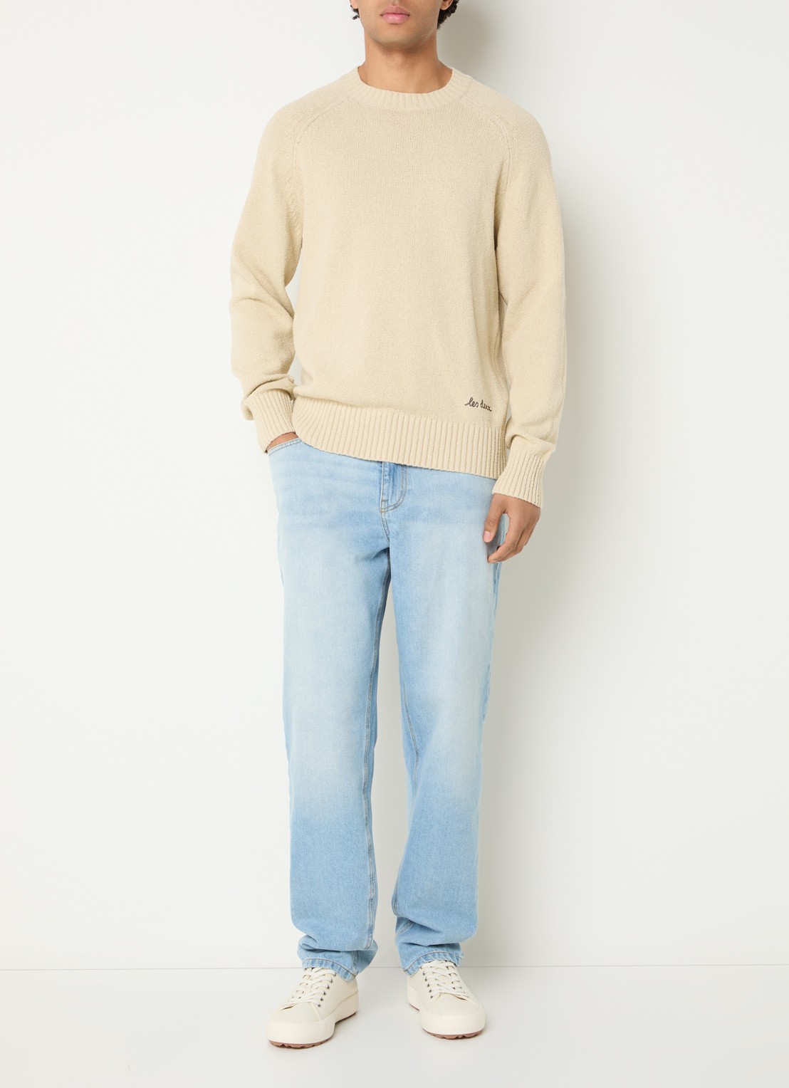 Les Deux Brad grofgebreide trui met logoborduring - voorkant 4 beige