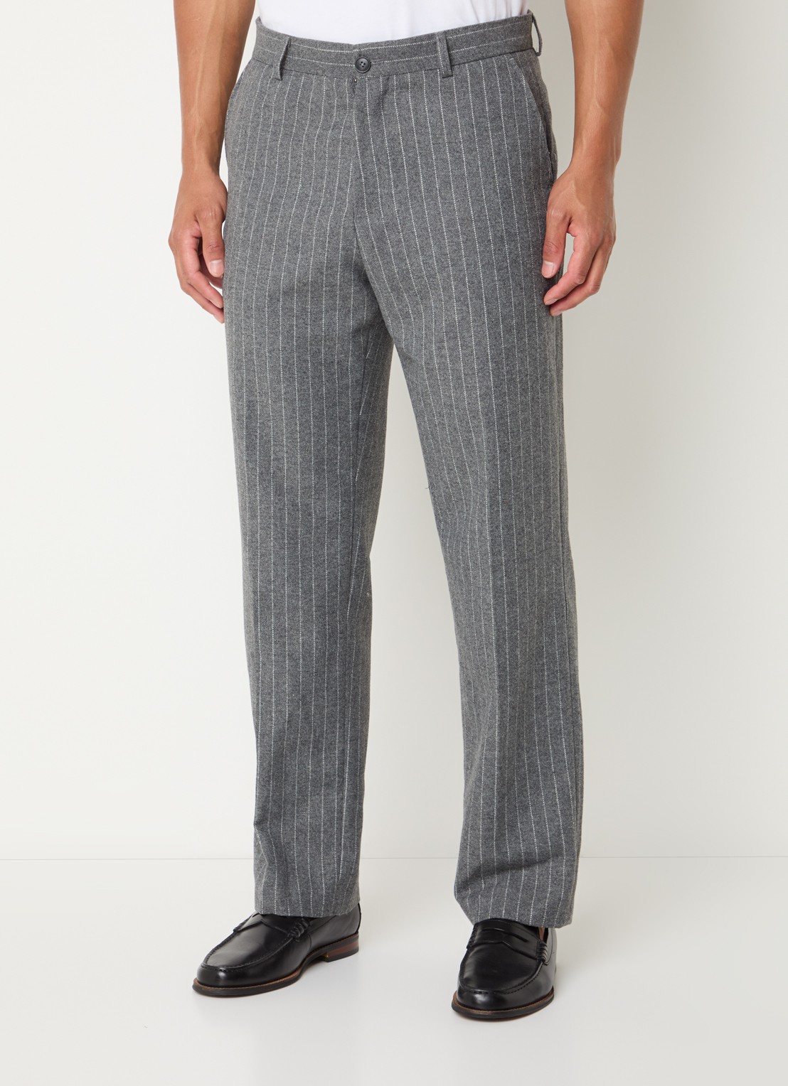 Les Deux Como straight fit pantalon in wolblend met krijtstreep - detail 4 grijsmele