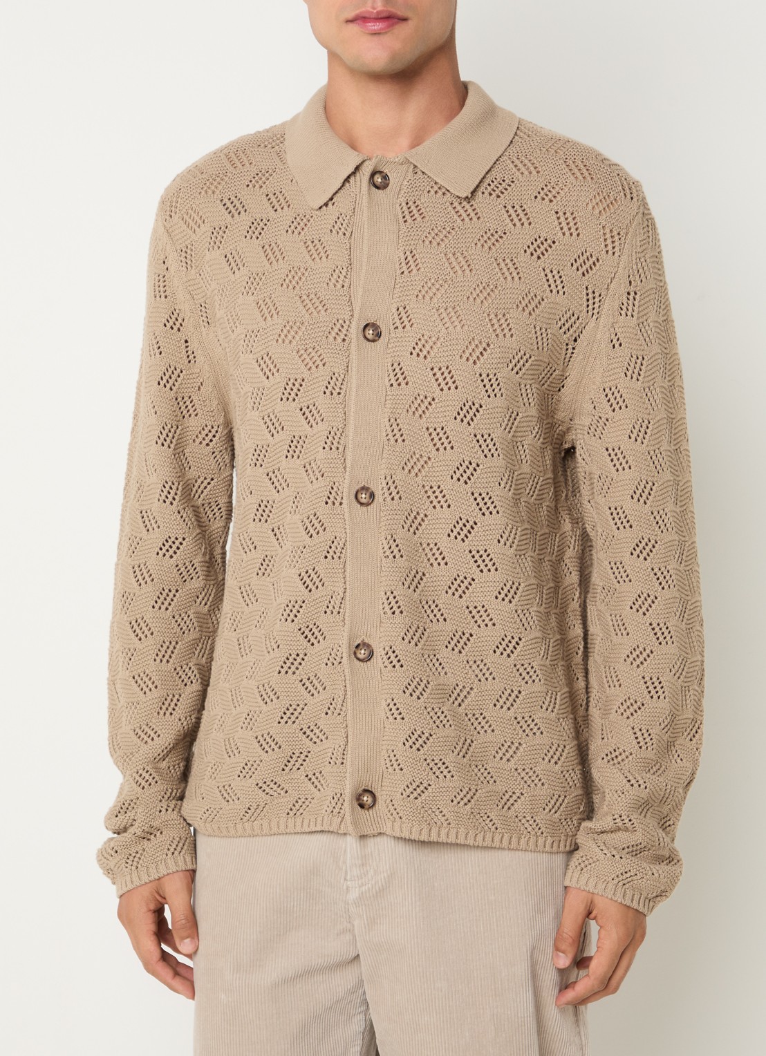 Les Deux Eloi grofgebreid regular fit overhemd met opengewerkt dessin - detail 2 beige