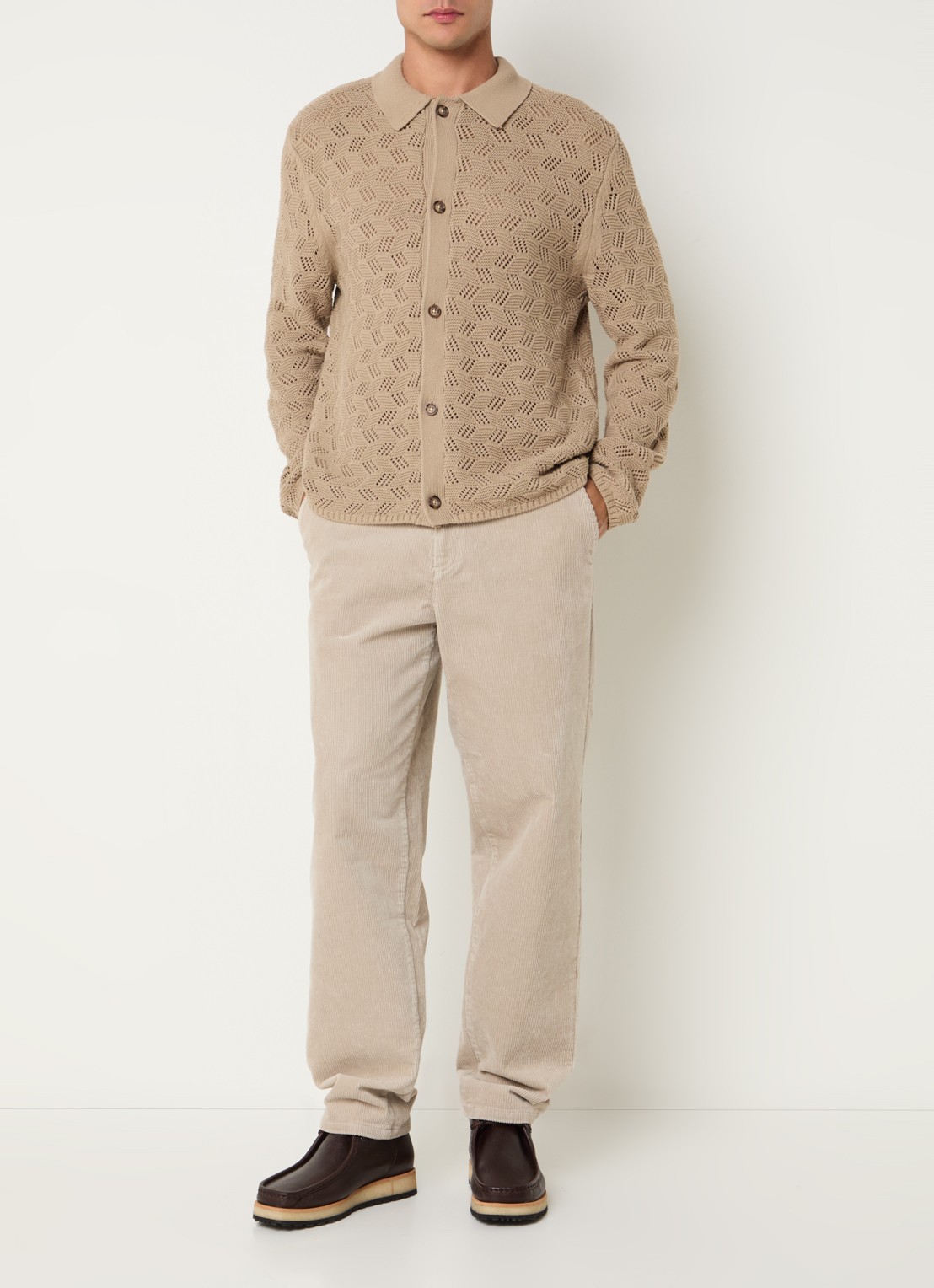 Les Deux Eloi grofgebreid regular fit overhemd met opengewerkt dessin - voorkant 4 beige