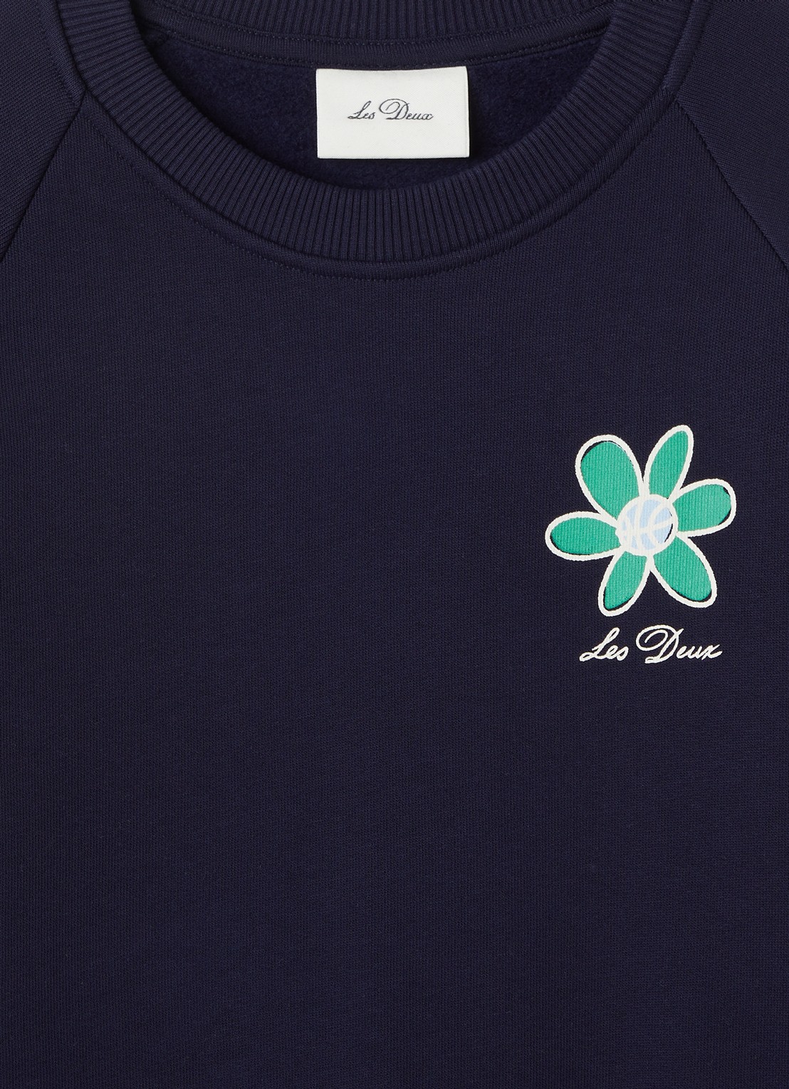 Les Deux Flower sweater met logo- en backprint - detail donkerblauw