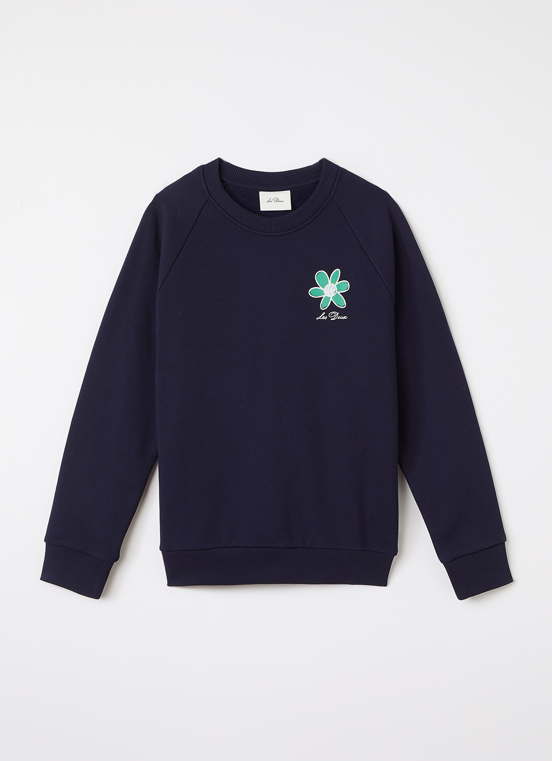 Les Deux Flower sweater met logo- en backprint - voorkant 2 donkerblauw