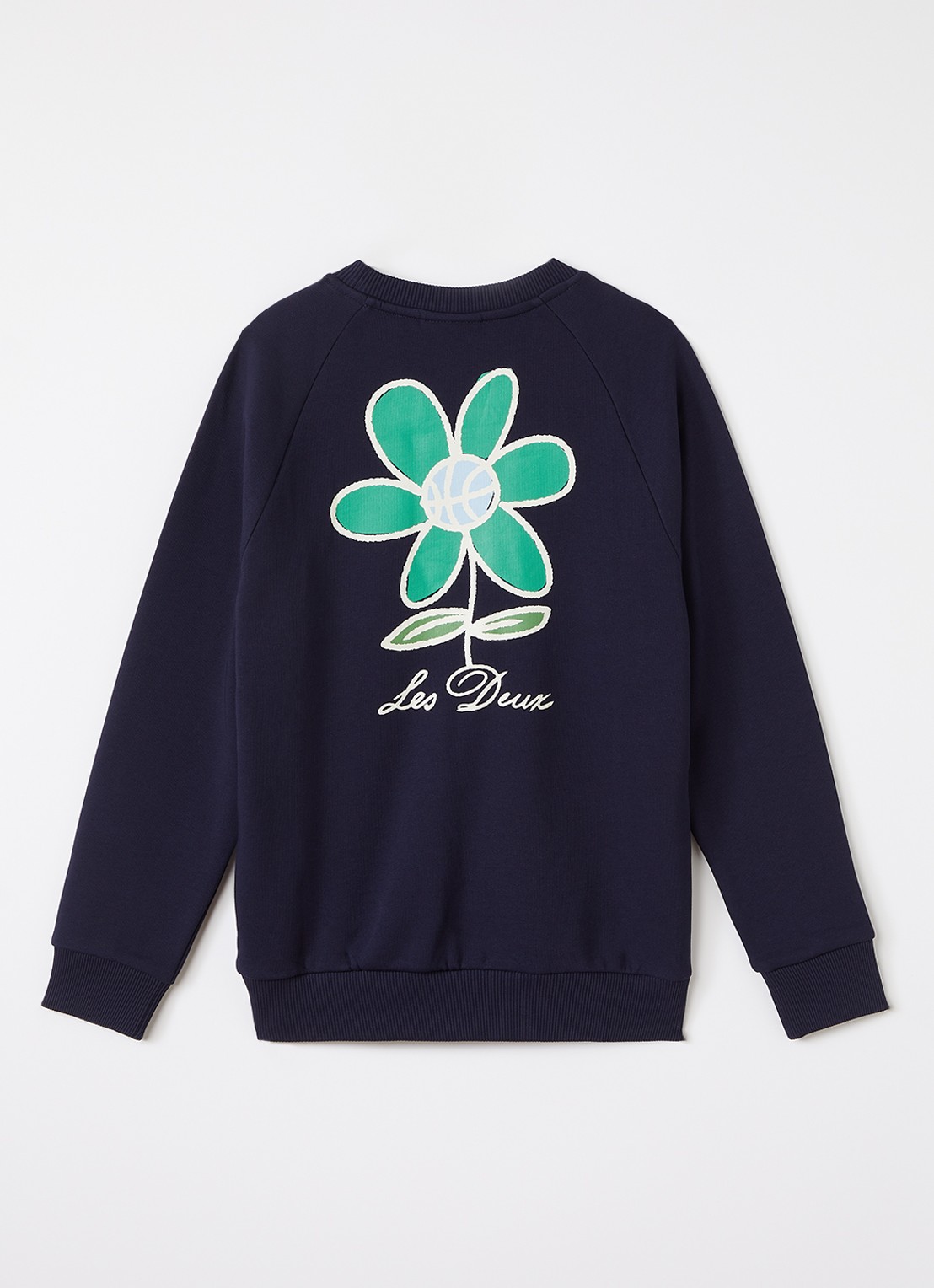 Les Deux Flower sweater met logo- en backprint - voorkant 3 donkerblauw