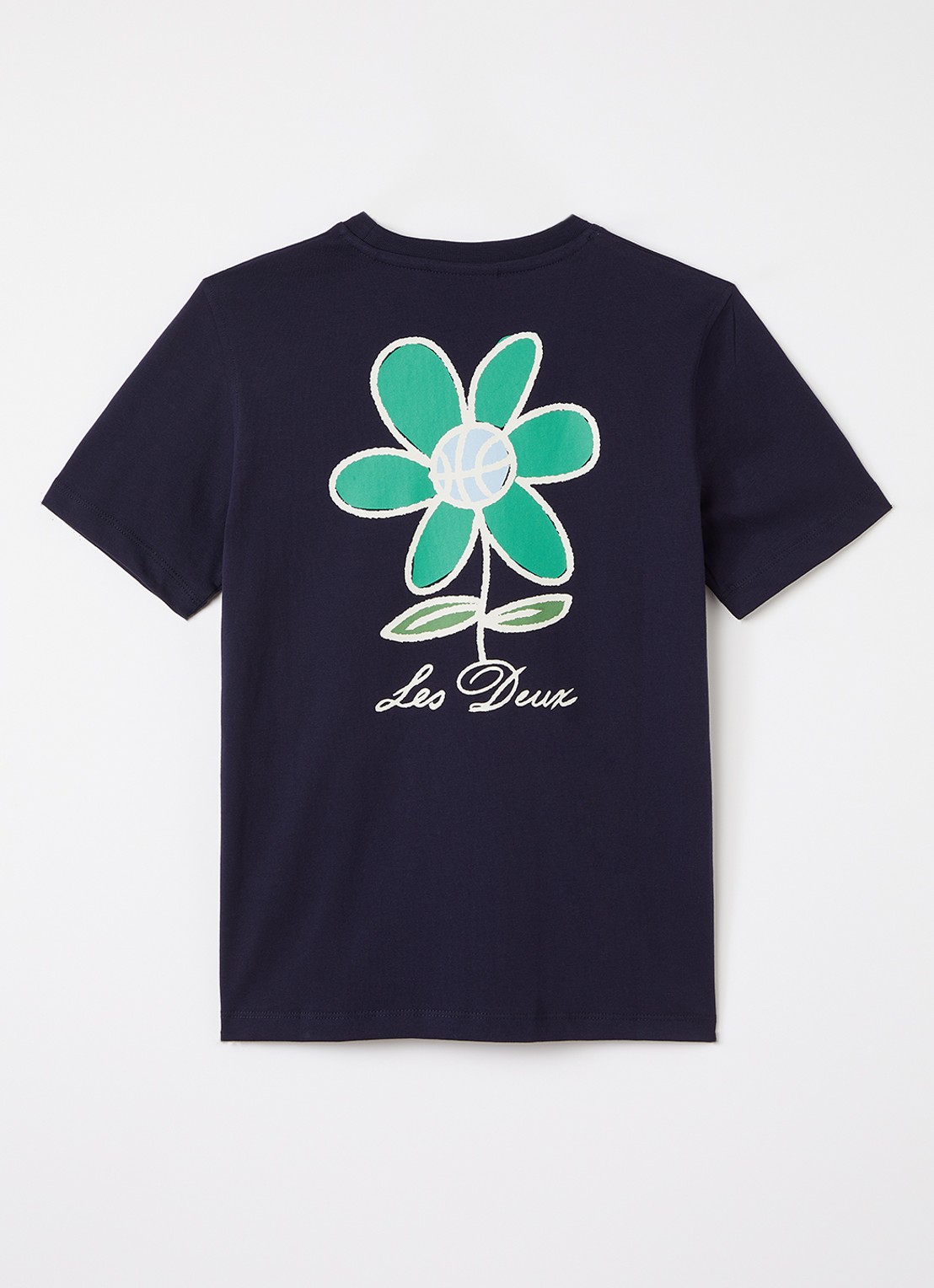 Les Deux Flower T-shirt met logo- en backprint - voorkant 2 donkerblauw