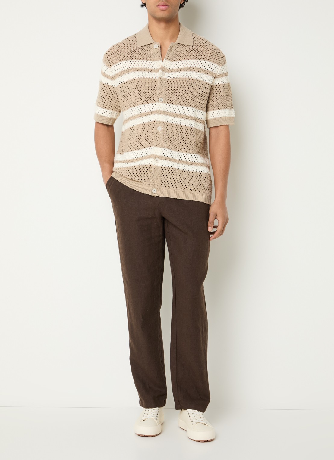 Les Deux Gianni regular fit overhemd met opengewerkt dessin - voorkant 4 beige