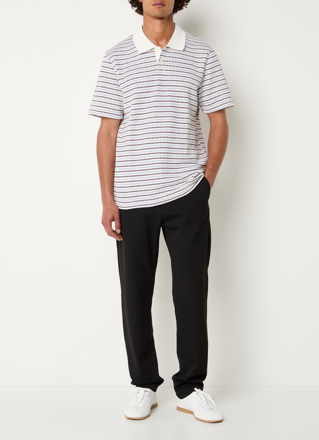 Les Deux Grofgebreide regular fit polo met ingebreid patroon - voorkant 3 wit