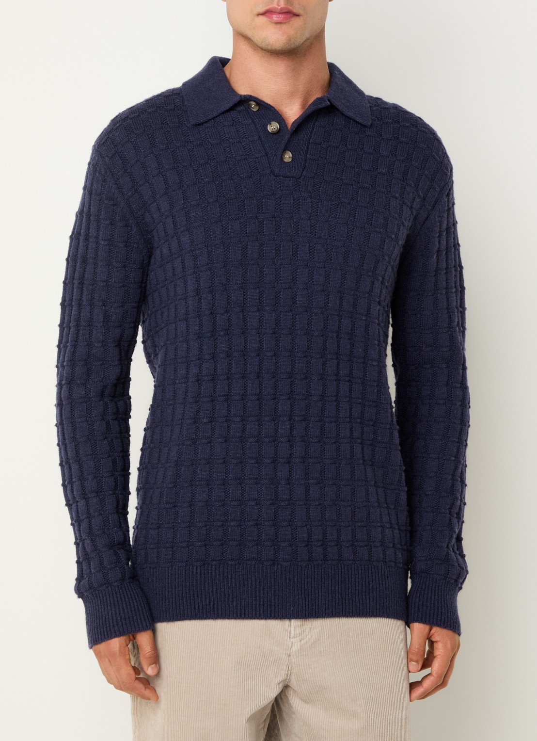 Les Deux Gustav grofgebreide regular fit polo in wolblend - detail 4 donkerblauw