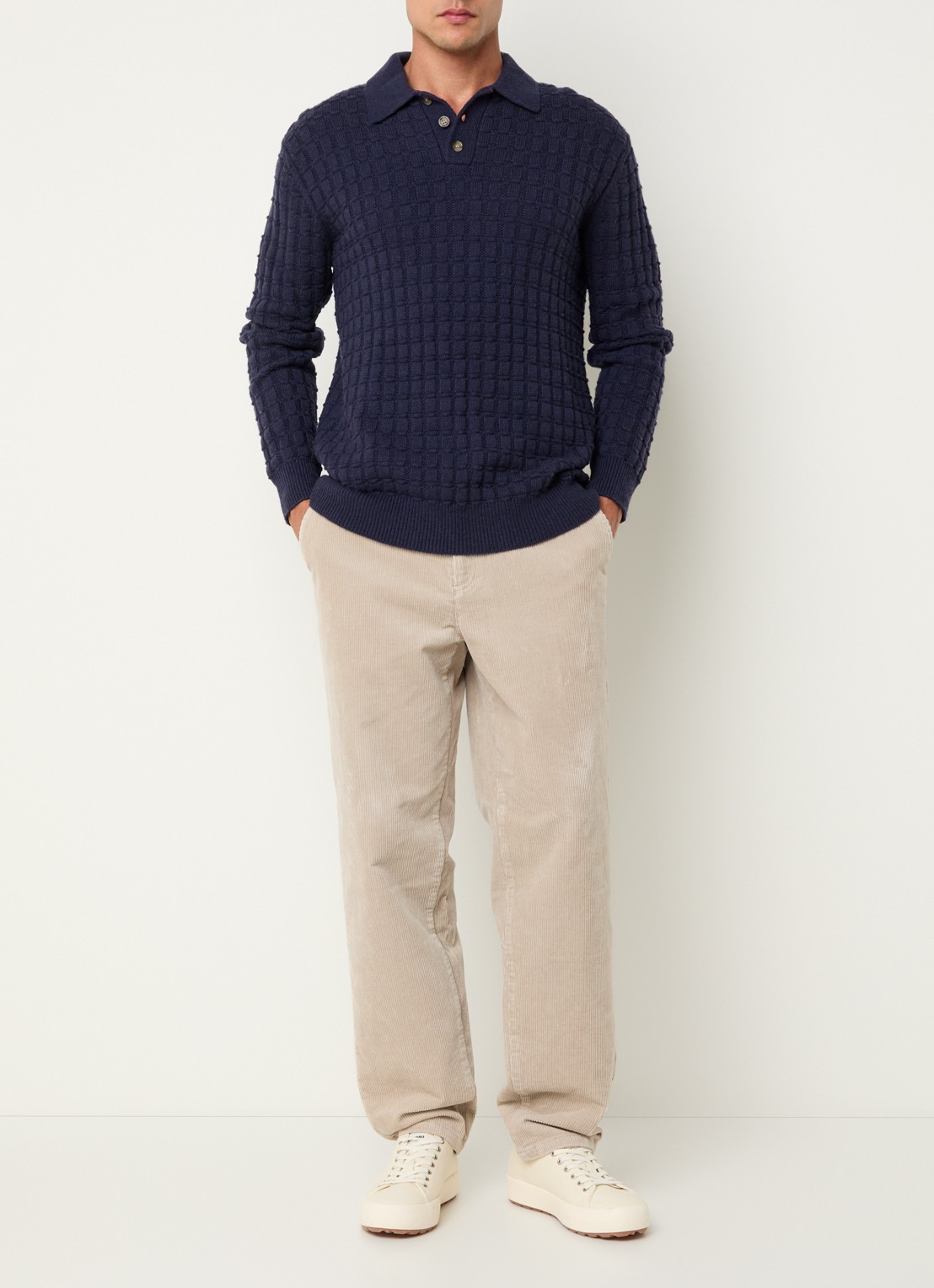 Les Deux Gustav grofgebreide regular fit polo in wolblend - voorkant 3 donkerblauw